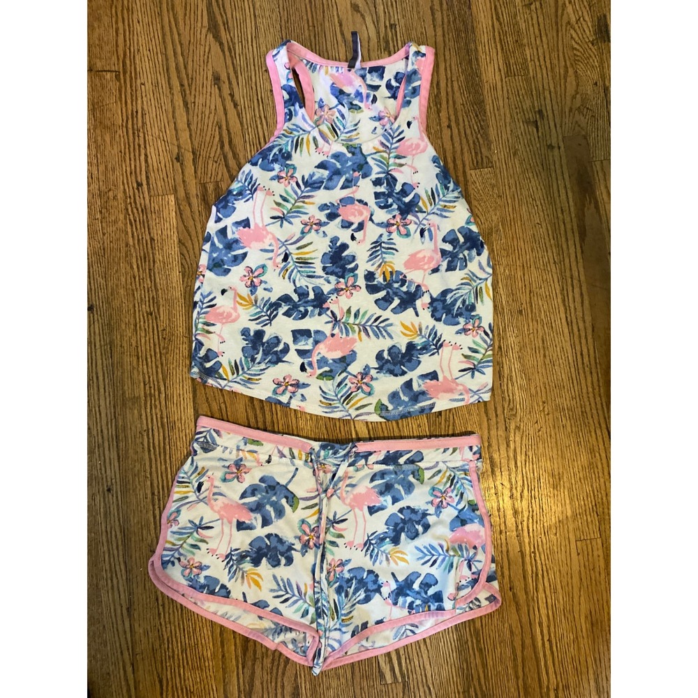 Jaclyn Intimates Flamingo Tropical Pajama Set Tank and Shorts Blue Pink Medium